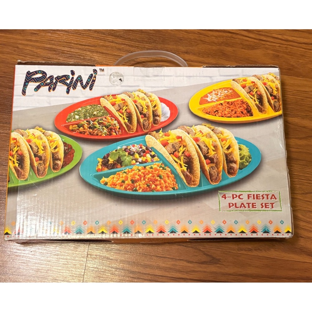 Parini 4 Pc Fiesta Taco Plate Set Multicolor Divided Melamine Plates New Box